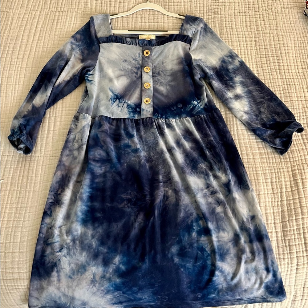 Chelsea & Violet - Blue Tie-Dye Dress with Wooden Buttons